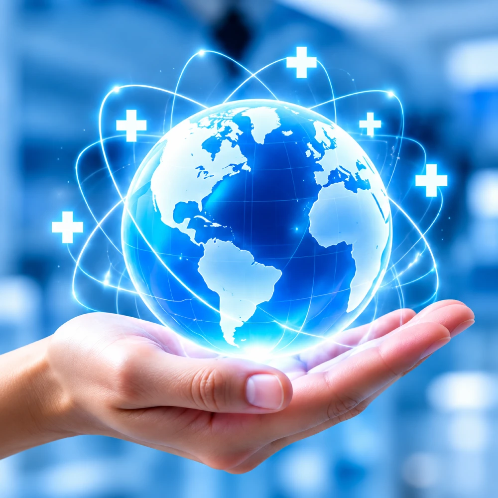 Doctor holding glass globe representing global healthcare vision